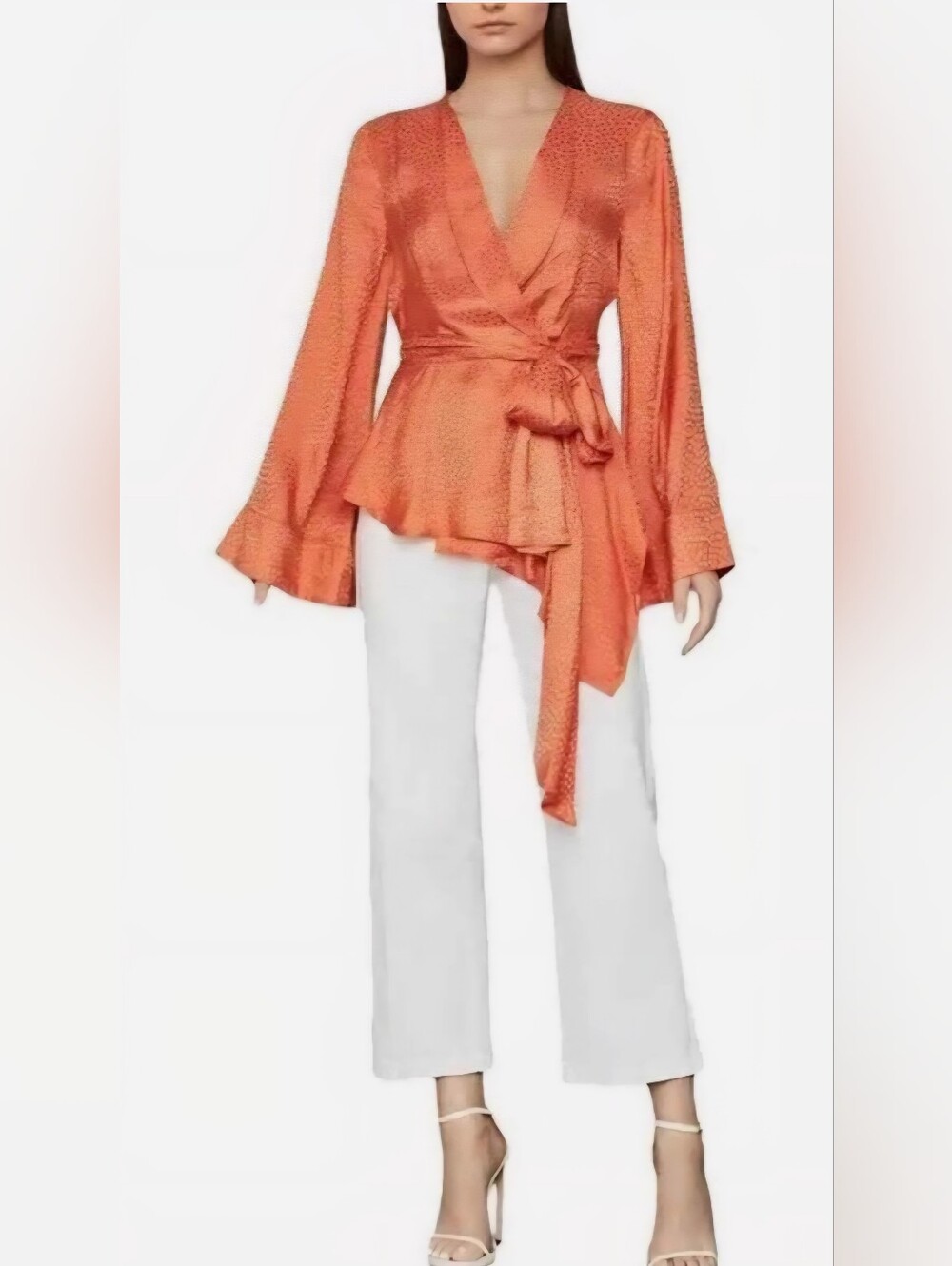 BCBG Max Azria | Textured Satin Bell Sleeve Wrap Top Blouse | Papaya | XS - Picture 1 of 12